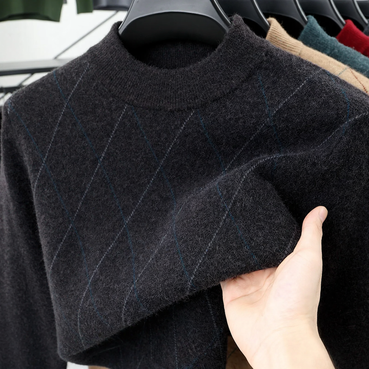 Men's wool sweater, checkered, stand collar, extra warm