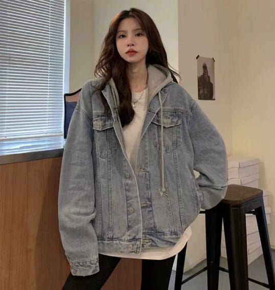 Padded women's jeans jacket with detachable hood