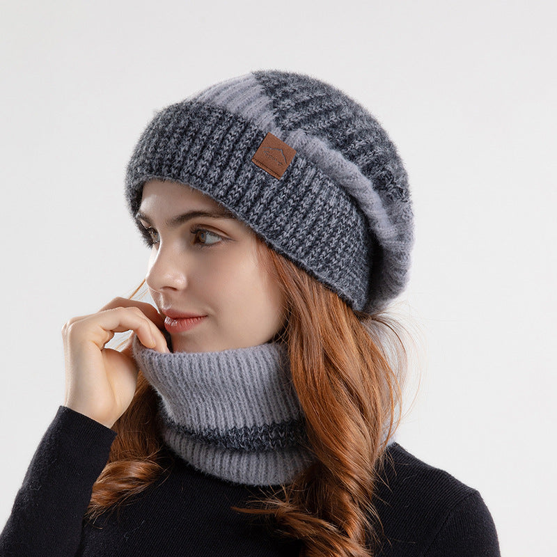 Knitted beanie and scarf set, lined, two-colored