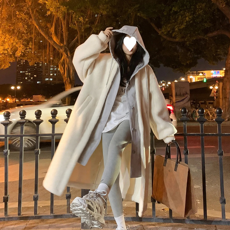 Lamb fleece hooded coat for women, long, loose fit