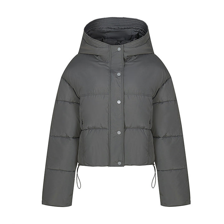 Short quilted jacket for women with stand-up collar and button placket