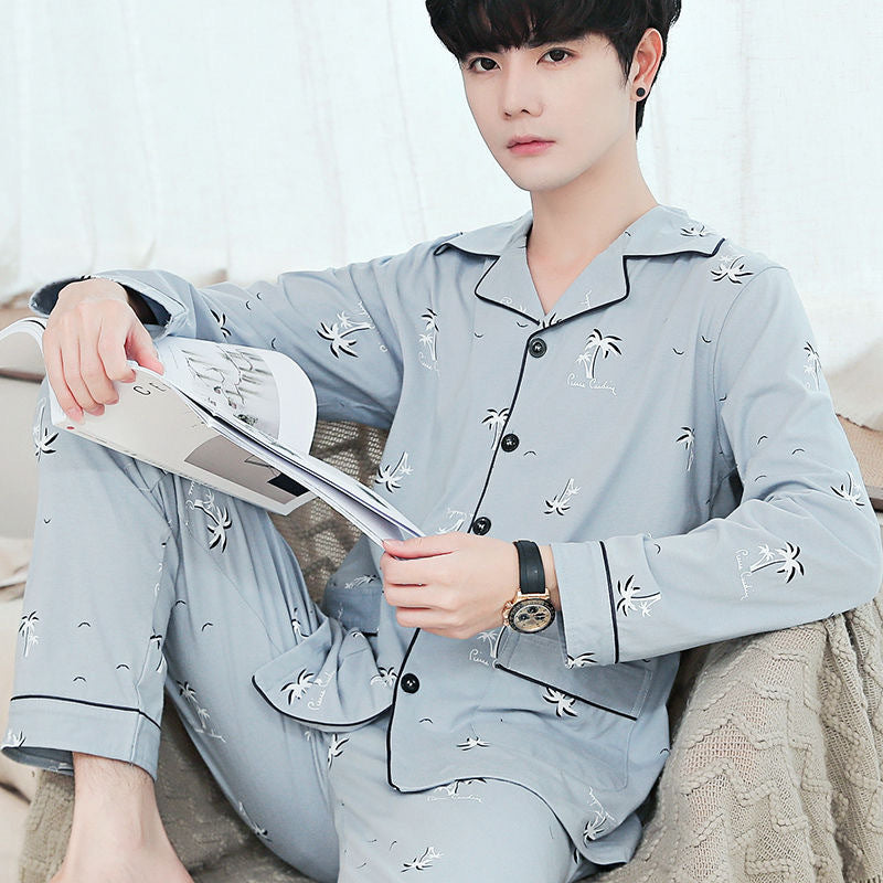 Men's pajamas made of pure cotton, long-sleeved