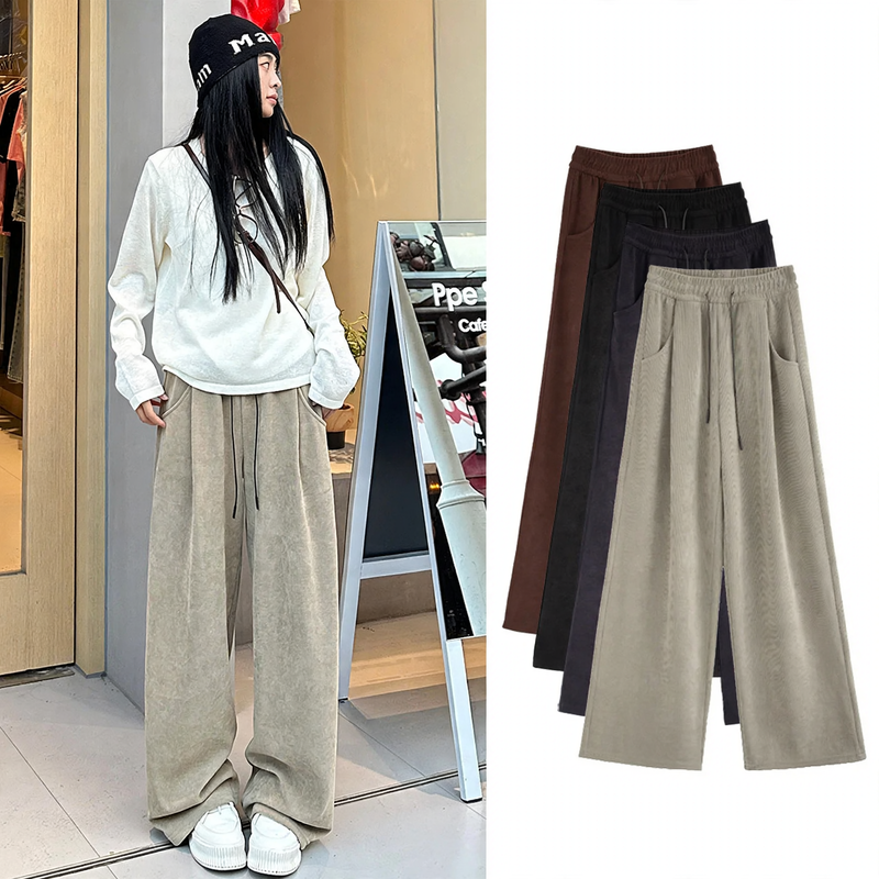 Women's corduroy pants with drawstring and high waistband