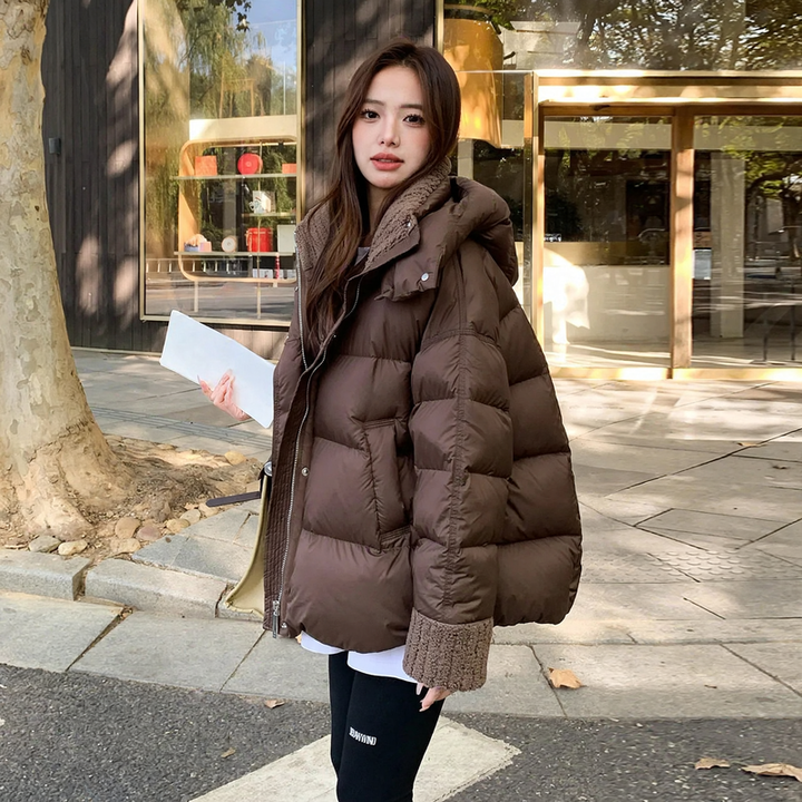 Padded winter jacket with lambskin imitation collar