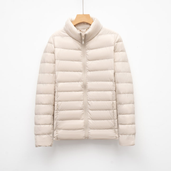 Light women's down jacket, stand-up collar, slim fit