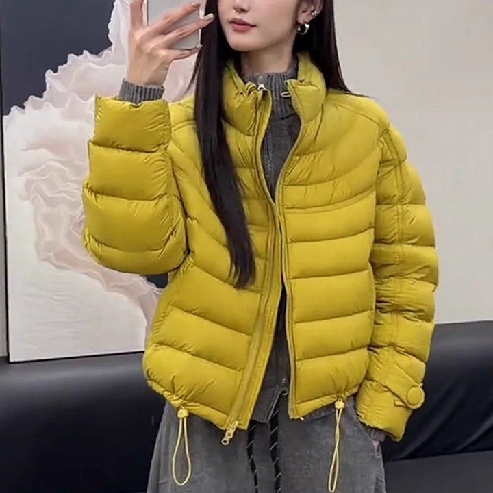Short women's down jacket with standing collar