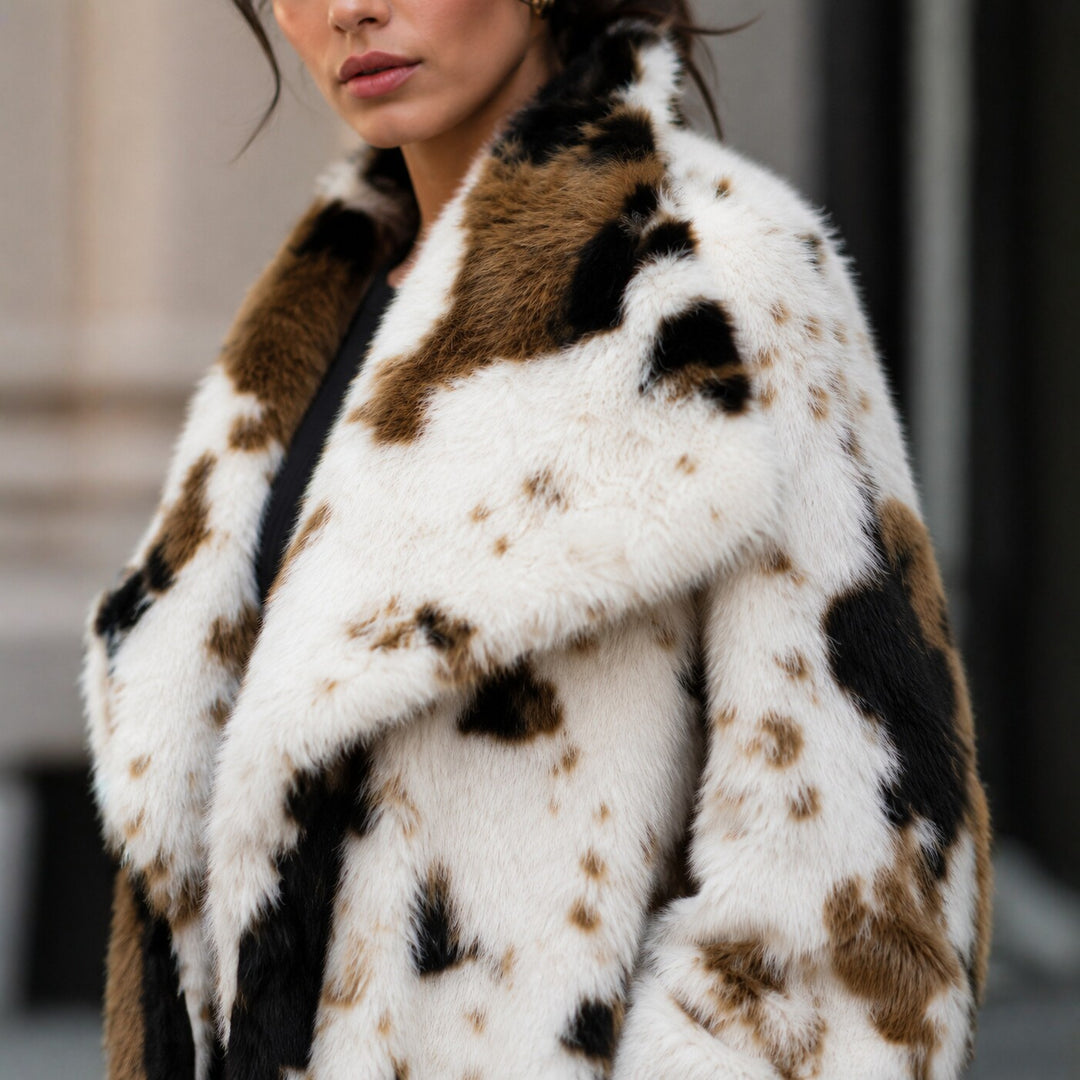 Long faux fur coat with cowhide pattern