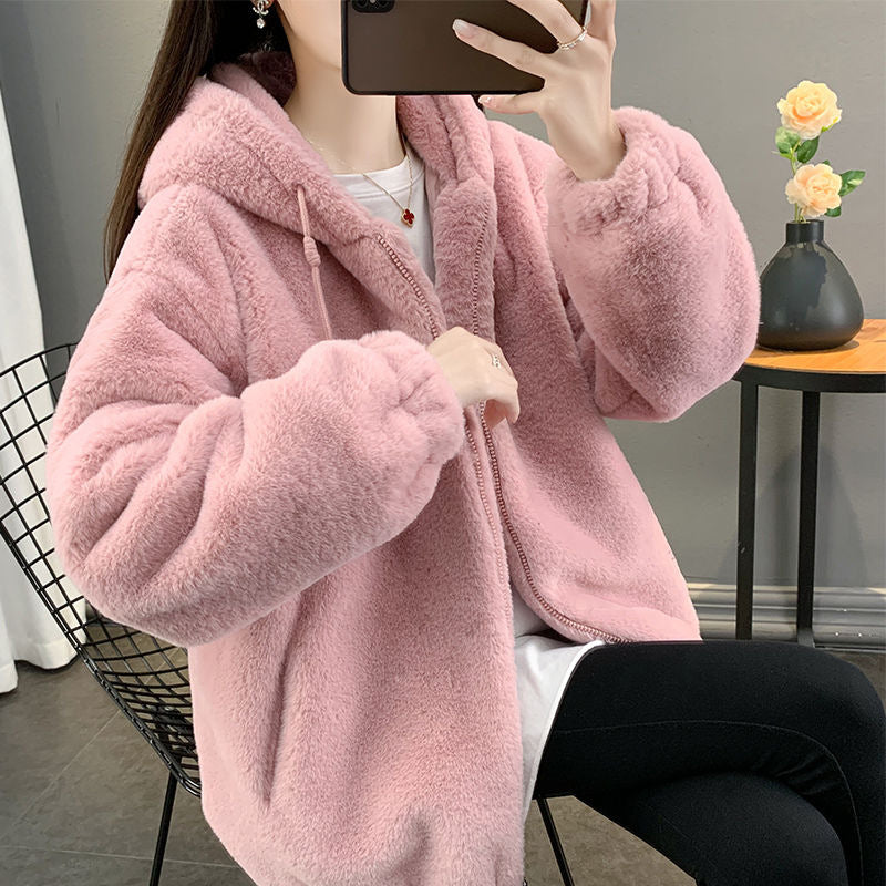 Lammfleece Coat with Hood, Mid-length