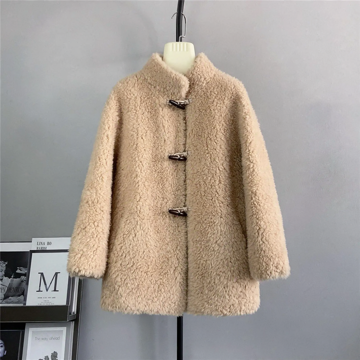 Women's wool coat with toggle buttons, mid-length
