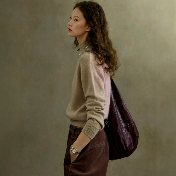 Women's wool sweater with stand-up collar, loosely knitted