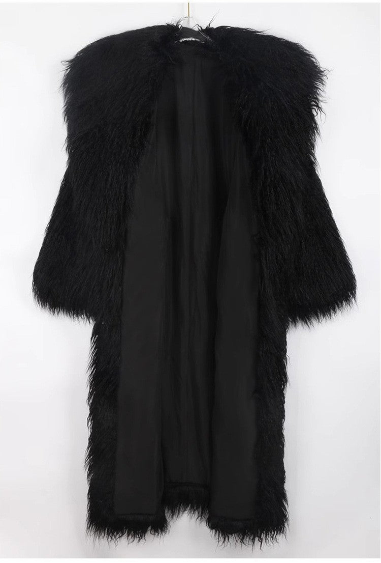 Long faux fur coat with tie belt and lapel collar