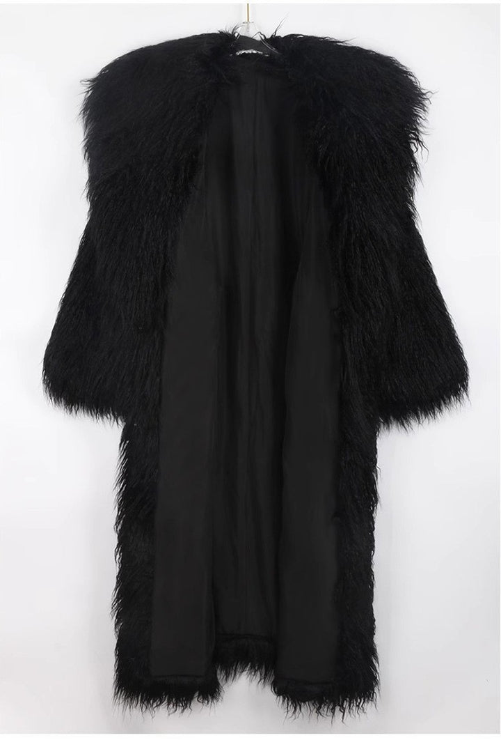 Long faux fur coat with tie belt and lapel collar