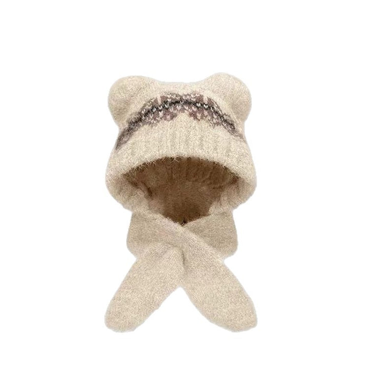 Knit cap with scarf, bear design, women, winter