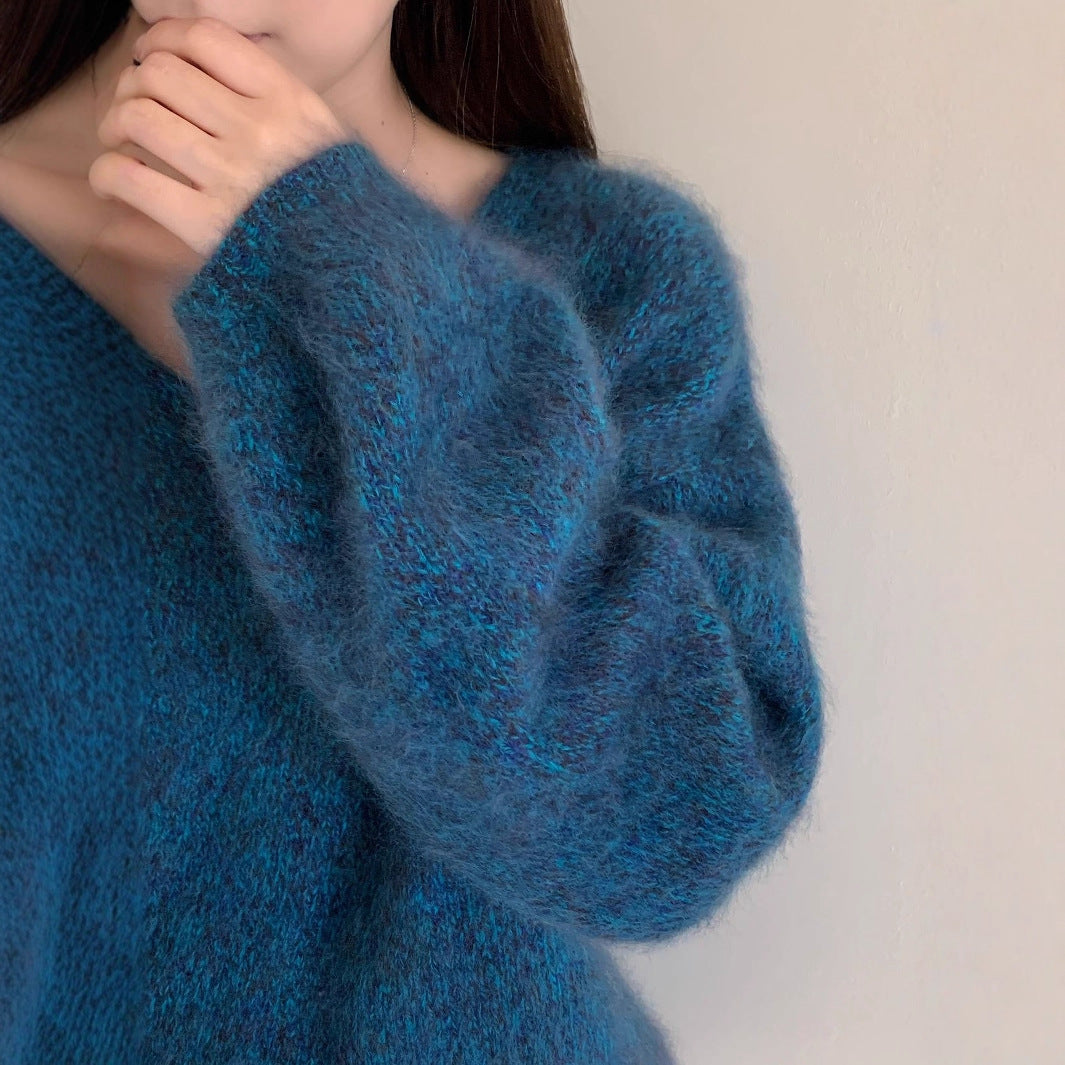 Ladies V-neck Sweater, Wool-Cashmere, Brushed