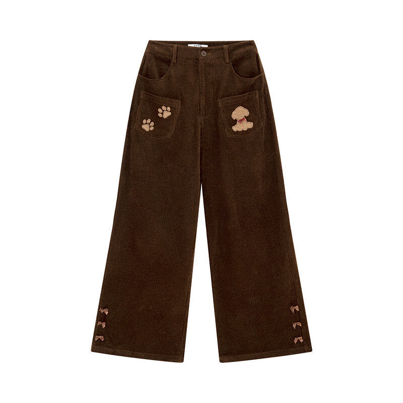 Kord-wide trousers with bear embroidery