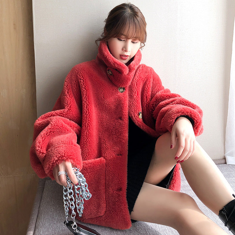 Women's coat made of 100% wool, lambskin look