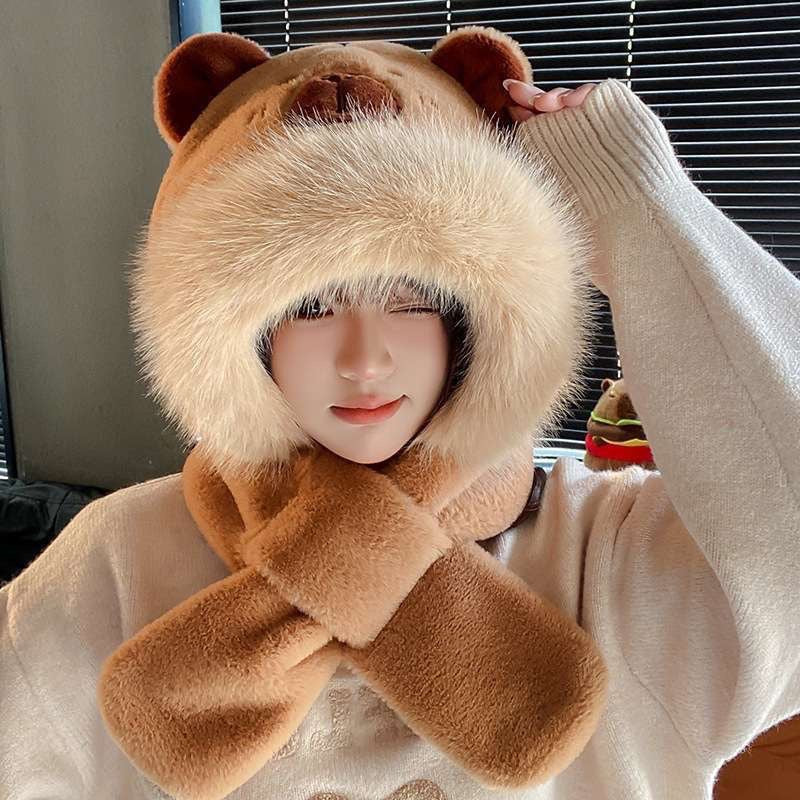 Plush hooded scarf with animal design, lined