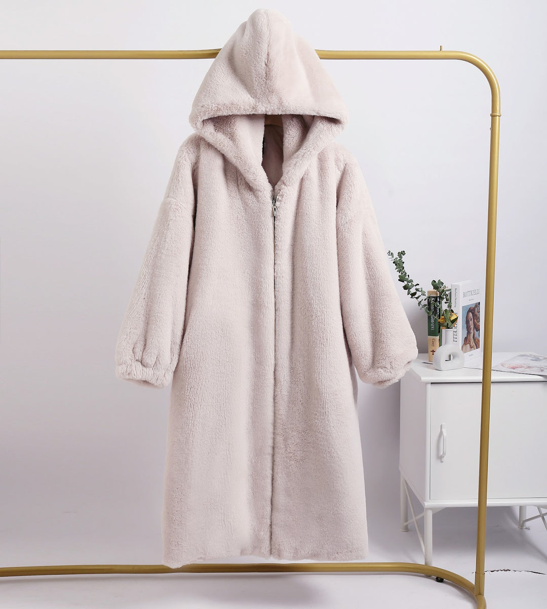 Long coat made of lambskin imitation with hood