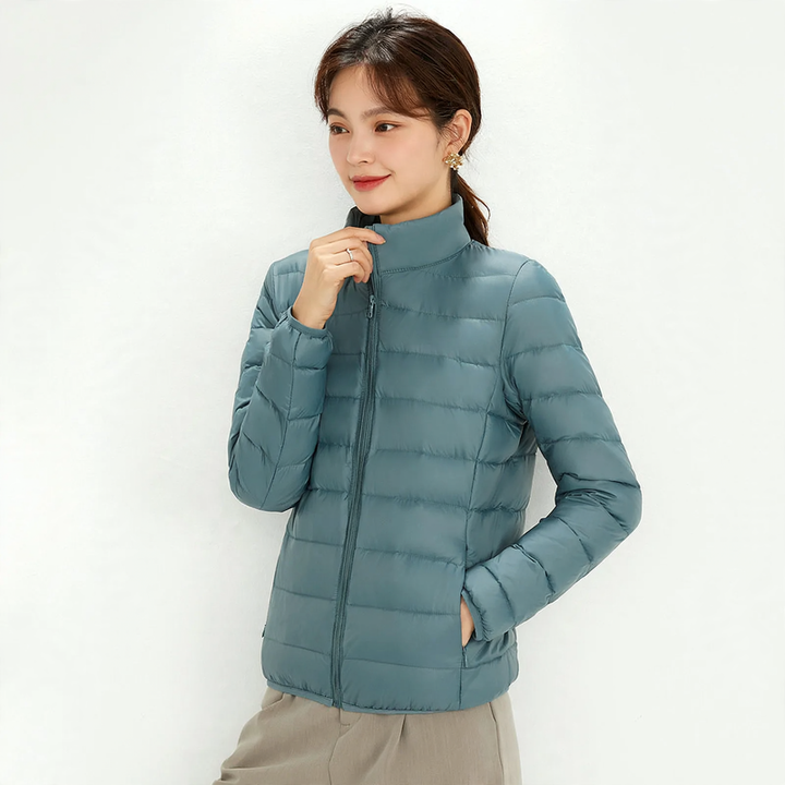 Light down jacket for women, stand-up collar, white, duck down