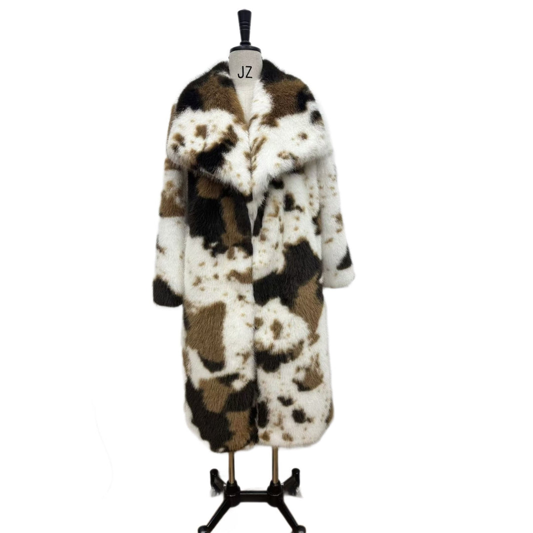 Long faux fur coat with cowhide pattern
