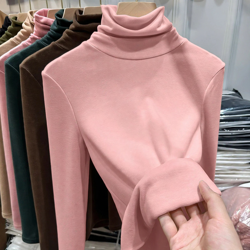 Women's long sleeve shirt with standing collar, lined