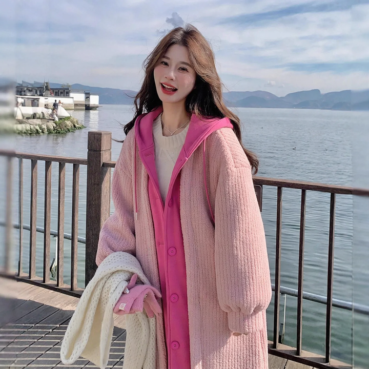Long women's hooded jacket in layered look with lambskin appearance