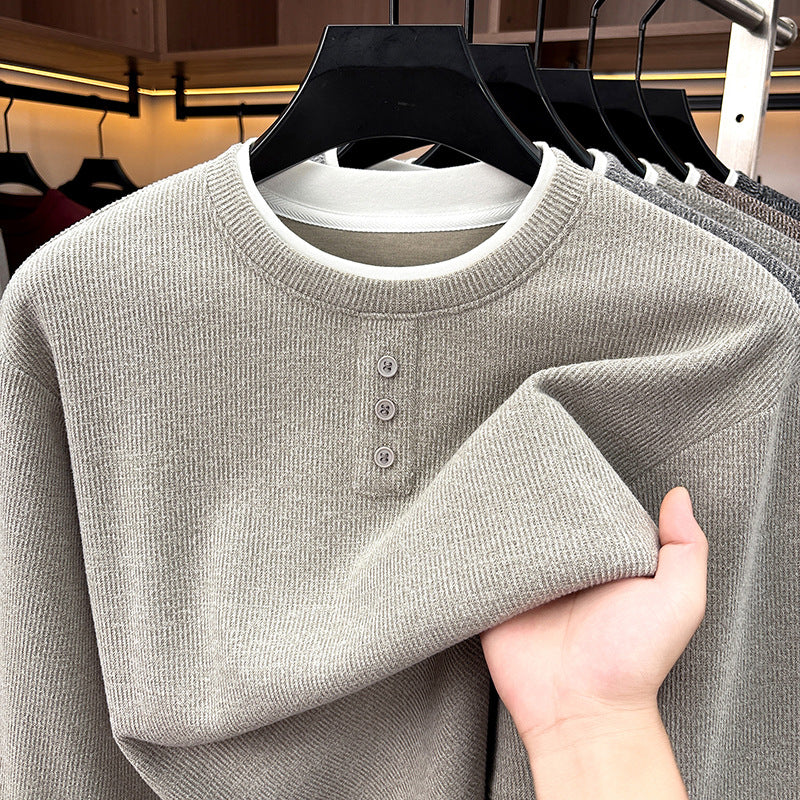 Men's knitted sweater, round neck, long sleeve, fake layer look