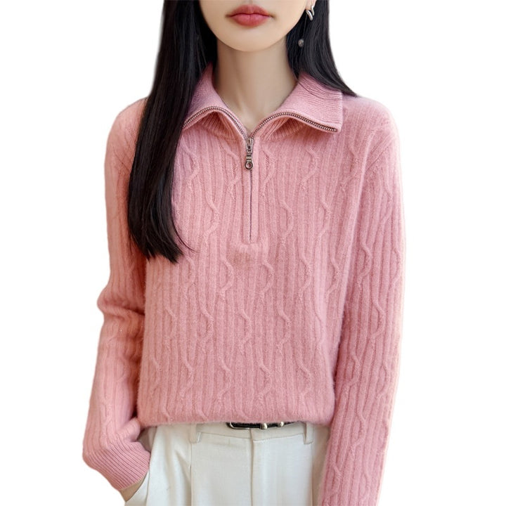 Women's wool pullover with zipper and cable pattern