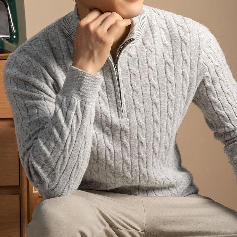 Men's cashmere pullover with zipper, thick