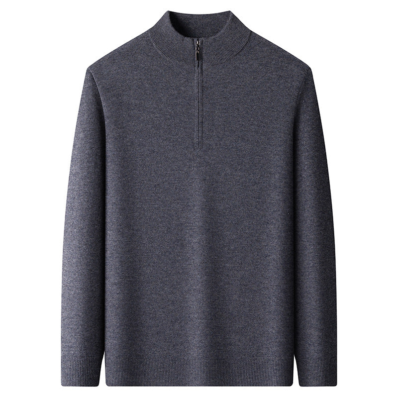 Men's wool pullover, 100% wool, zipper, stand-up collar