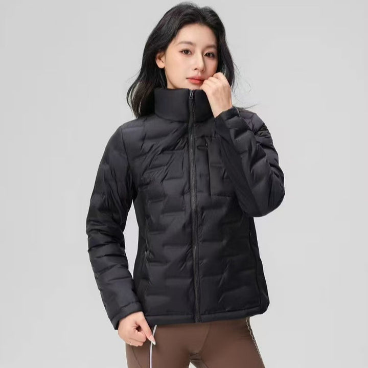 Short women's down jacket with stand-up collar, white duck down