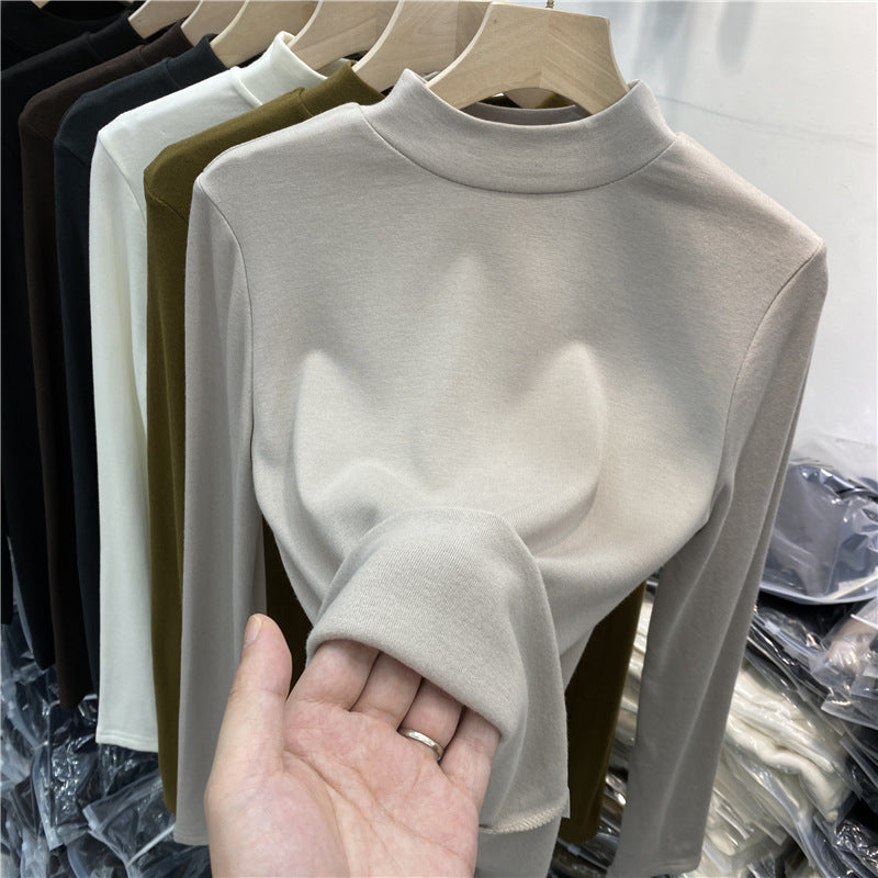 Women’s Long Sleeve Shirt with Stand Collar and Brushed Inner Side