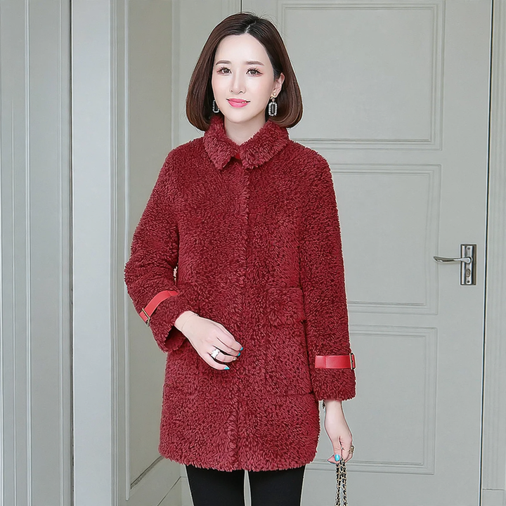 Women's coat made of lambskin imitation, medium length