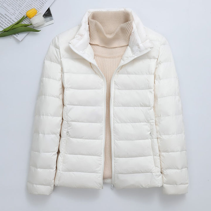 Light women's quilted jacket, short, with hood