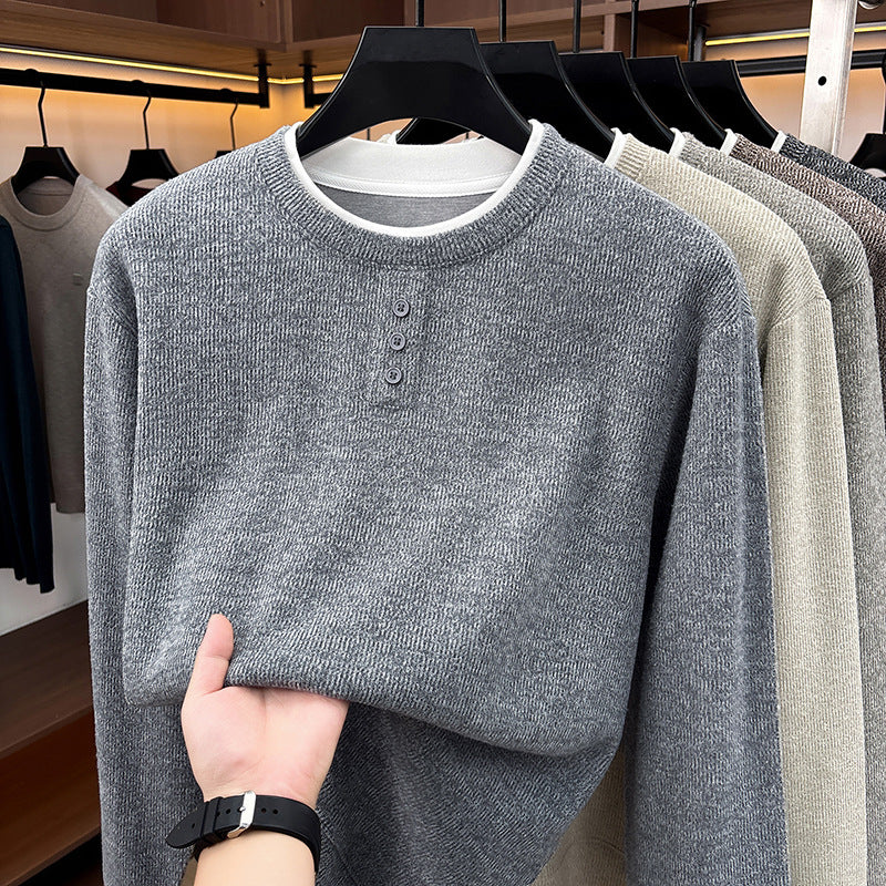 Men's knitted sweater, round neck, long sleeve, fake layer look