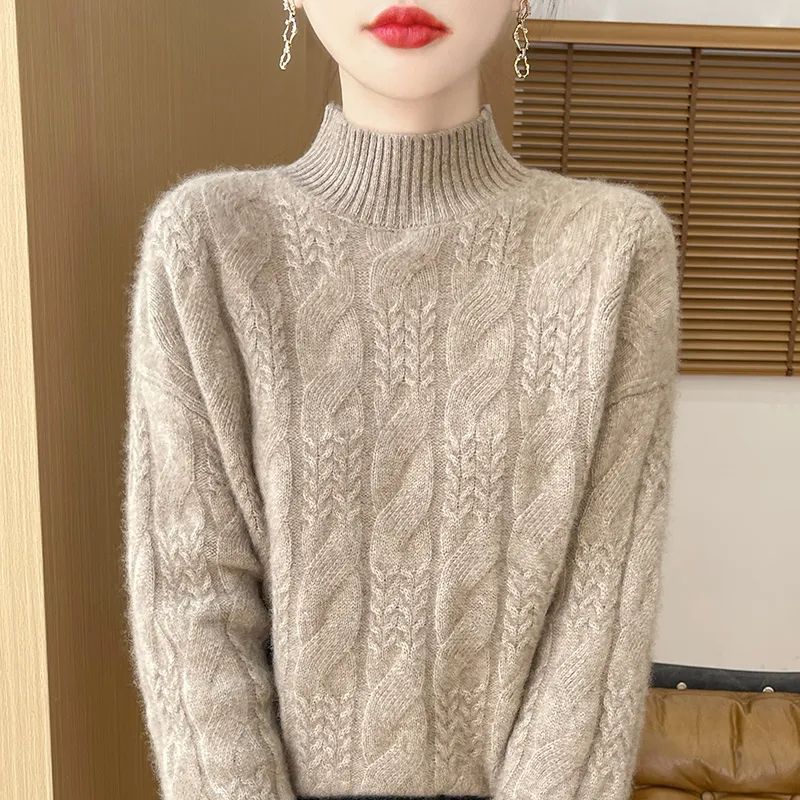 Women's Knit Sweater, Stand-up Collar, Cable Pattern, 3D Look