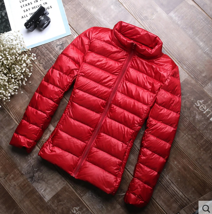 Short women's down jacket, white duck down lining, stand collar