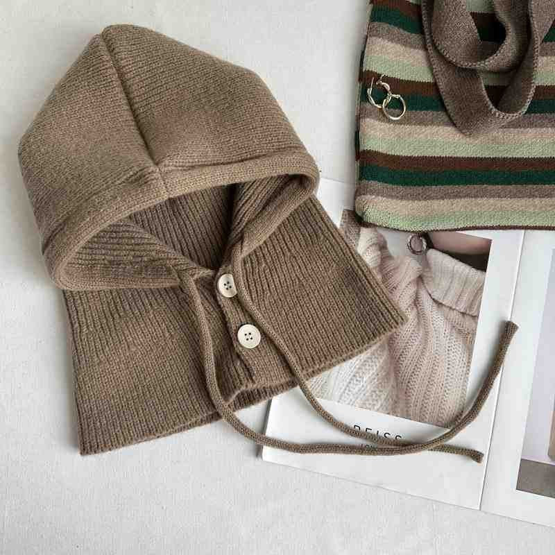 Knit hat with scarf, solid color, warm, 2-in-1 set