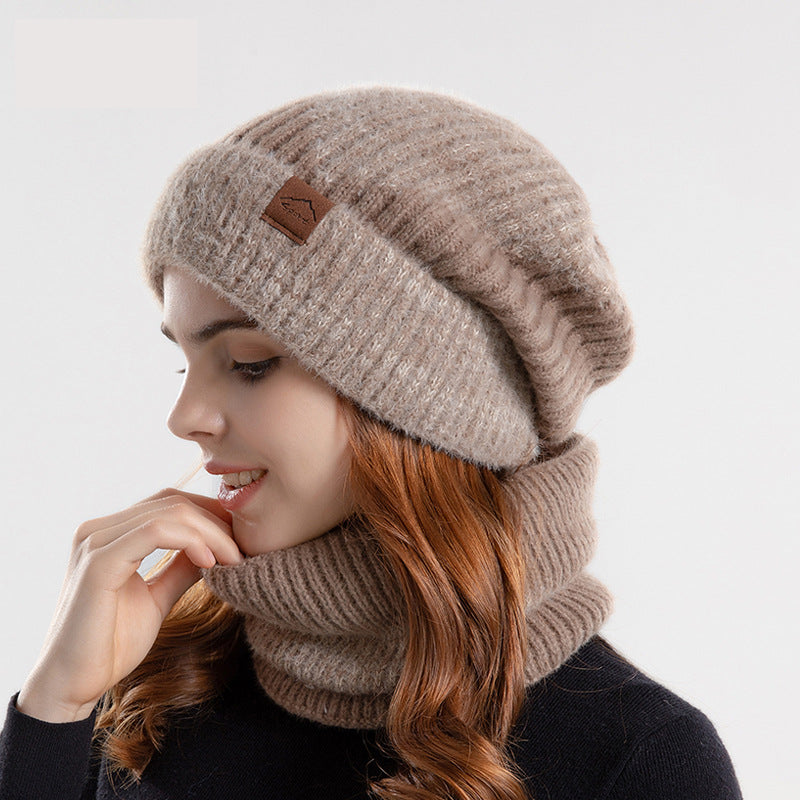 Knitted beanie and scarf set, lined, two-colored