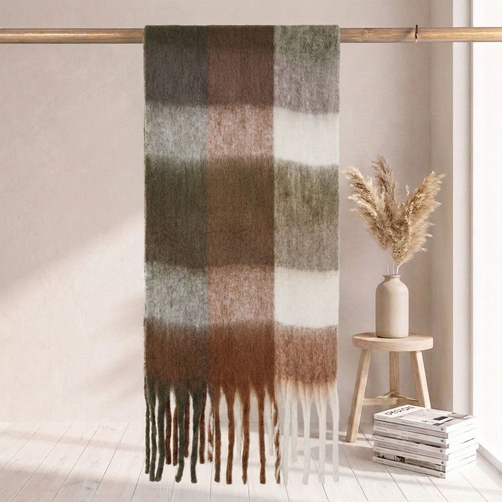 Checkered scarf in mohair look, warm for autumn and winter