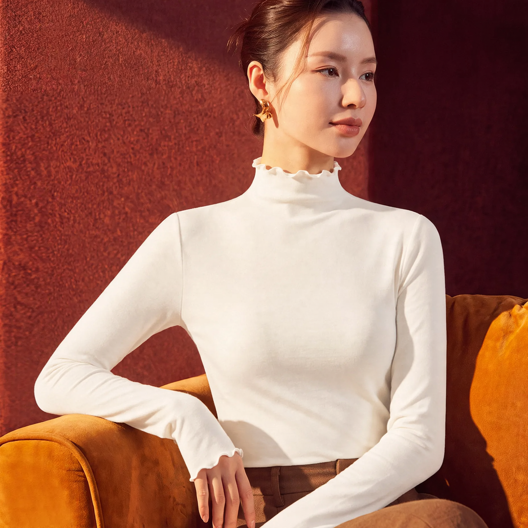Women's undershirt with stand-up collar and ruffle edge
