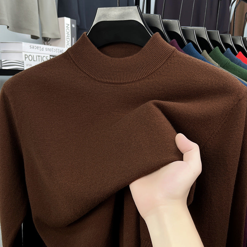 Men's wool pullover with stand-up collar, plain and warm