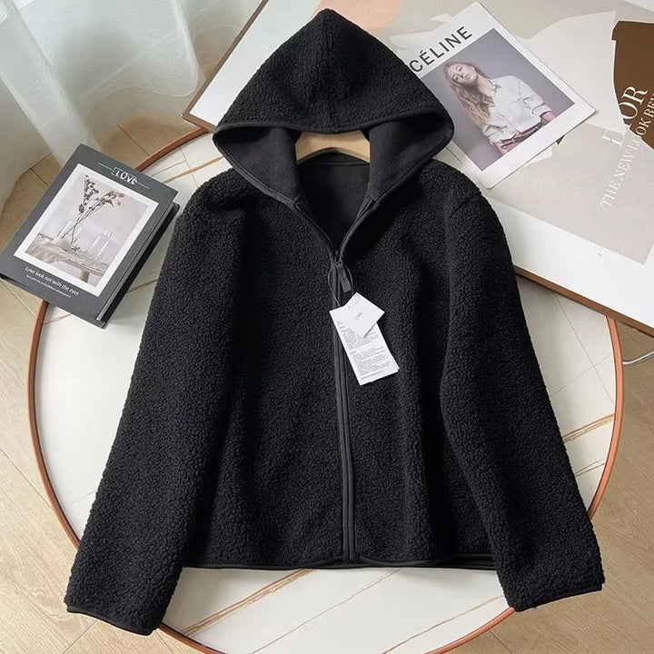 Hooded jacket made of lamb fleece imitation with zipper