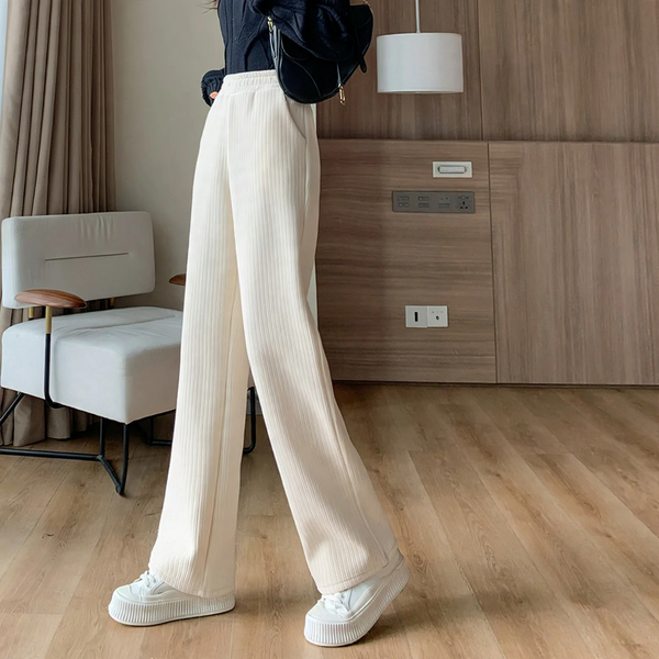 Fleece-lined cord wide pants for women, straight cut