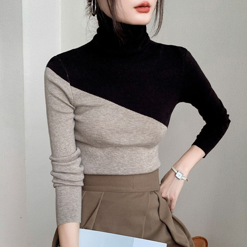 Narrow knit sweater with stand-up collar and color accents