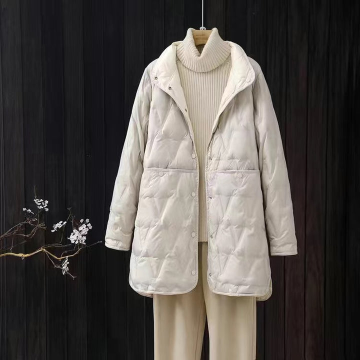 Women's down jacket, reversible, lightweight, mid-length