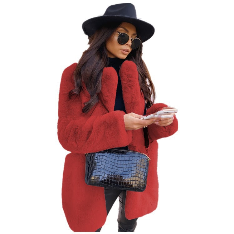 Long faux fur coat with lapel collar