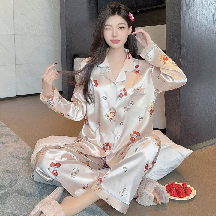 Ladies' loungewear set, two-piece, ice silk feel, heart pattern