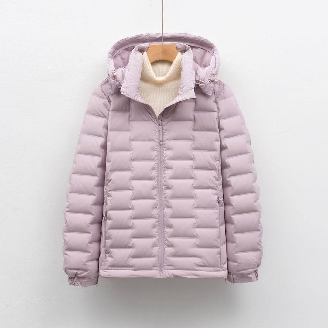 Light women's down jacket with hood, short