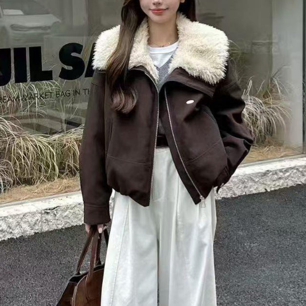 Women’s coat, suede look, plush lapels, lined